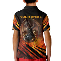 Custom Fiery Dragon Bowling Kid Polo Shirt with Flaming Ball and Hexagon Flame Pattern - Wonder Print Shop