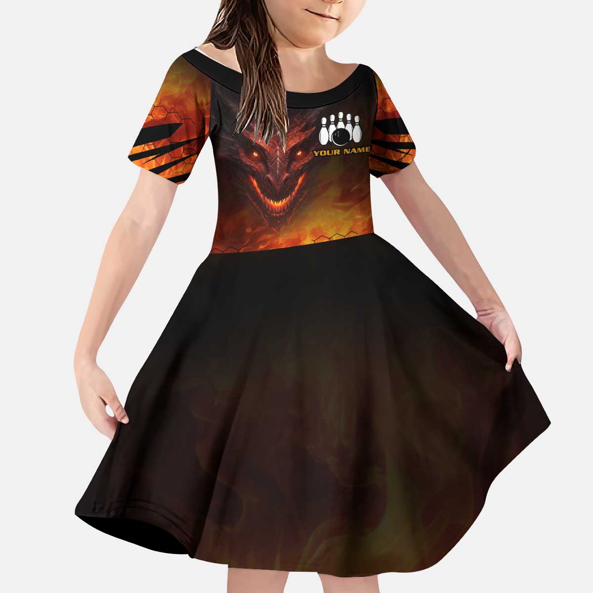 Custom Fiery Dragon Bowling Kid Short Sleeve Dress with Flaming Ball and Hexagon Flame Pattern - Wonder Print Shop