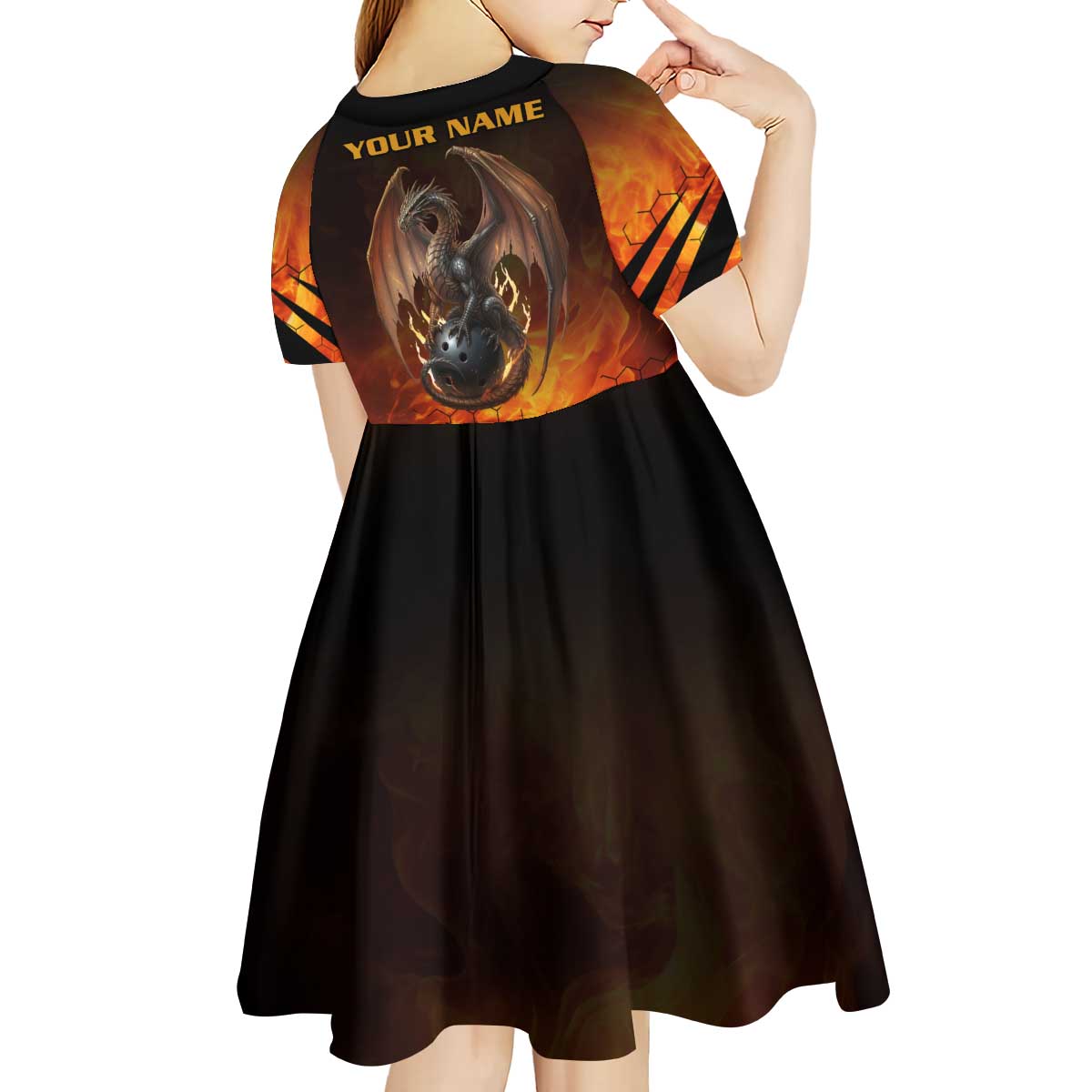 Custom Fiery Dragon Bowling Kid Short Sleeve Dress with Flaming Ball and Hexagon Flame Pattern - Wonder Print Shop