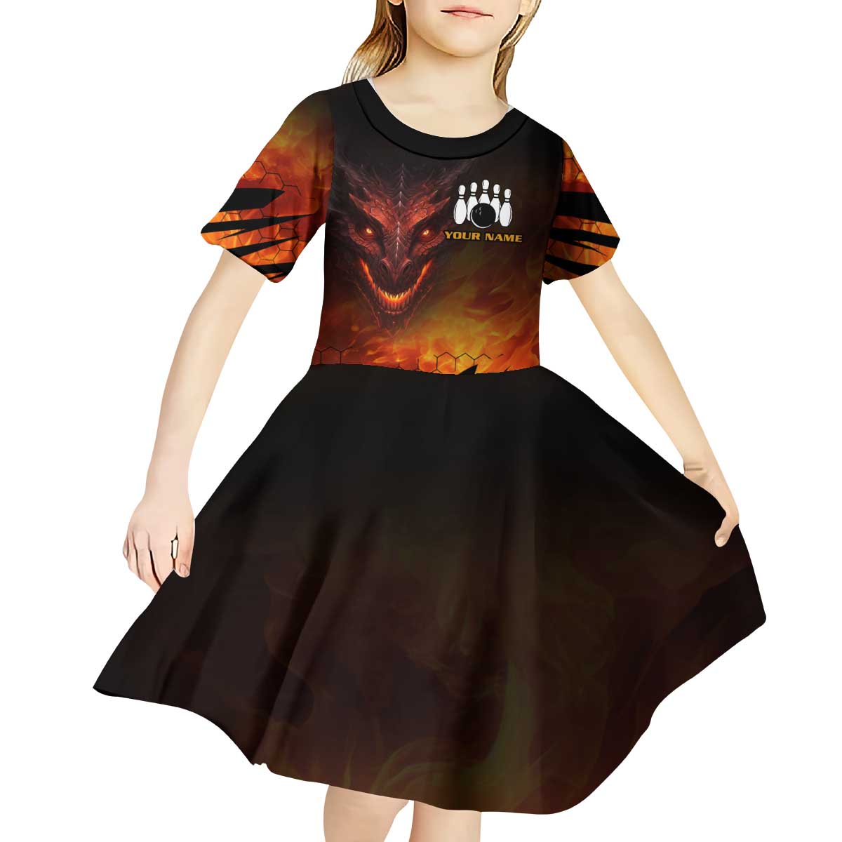Custom Fiery Dragon Bowling Kid Short Sleeve Dress with Flaming Ball and Hexagon Flame Pattern - Wonder Print Shop