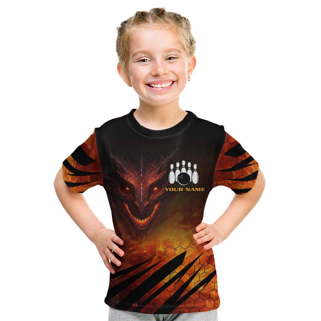 Custom Fiery Dragon Bowling Kid T Shirt with Flaming Ball and Hexagon Flame Pattern - Wonder Print Shop