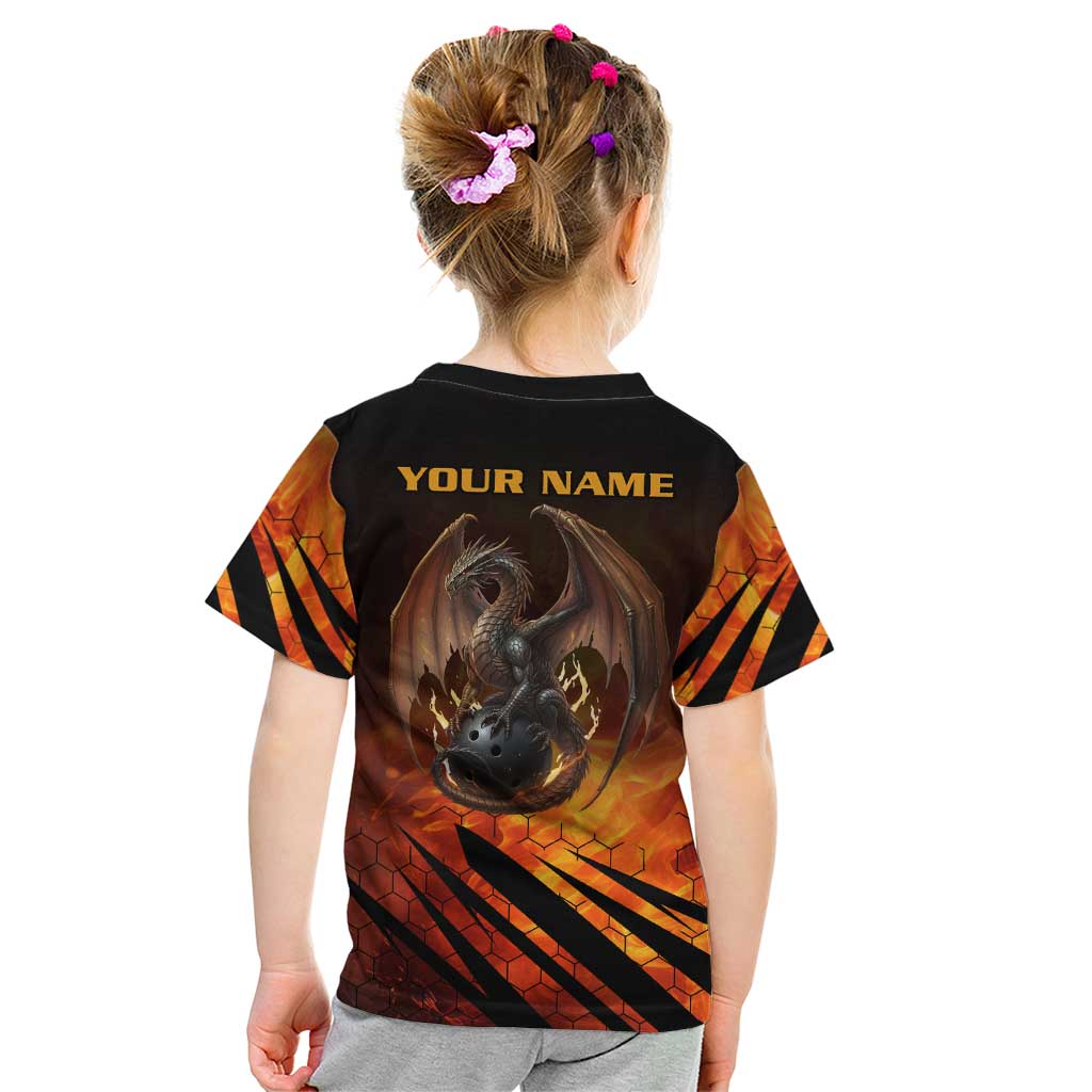 Custom Fiery Dragon Bowling Kid T Shirt with Flaming Ball and Hexagon Flame Pattern - Wonder Print Shop