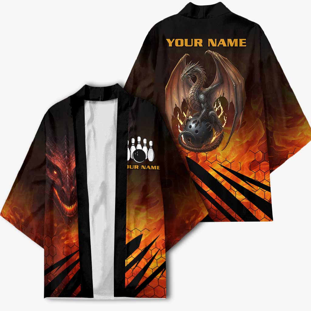 Custom Fiery Dragon Bowling Kimono with Flaming Ball and Hexagon Flame Pattern - Wonder Print Shop