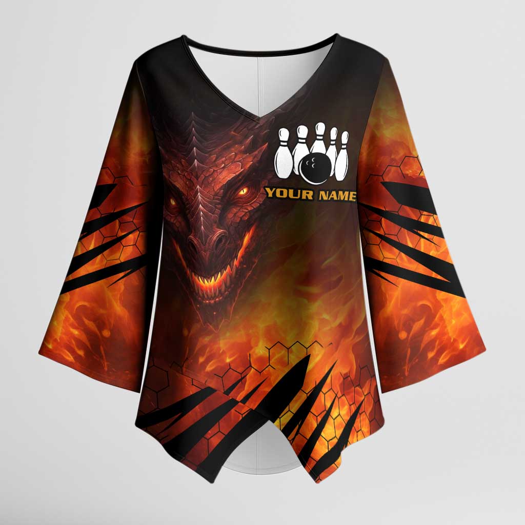 Custom Fiery Dragon Bowling Kimono Sleeve Blouse with Flaming Ball and Hexagon Flame Pattern - Wonder Print Shop
