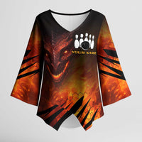 Custom Fiery Dragon Bowling Kimono Sleeve Blouse with Flaming Ball and Hexagon Flame Pattern - Wonder Print Shop