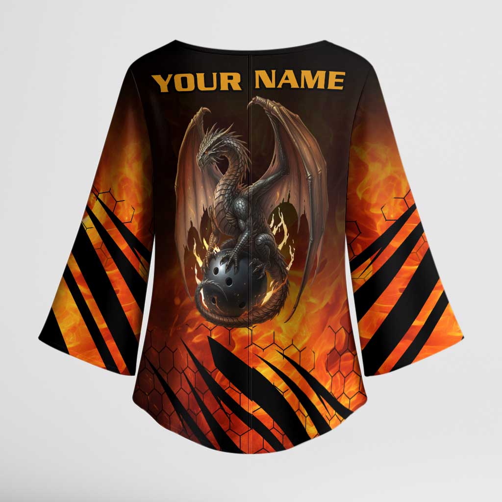 Custom Fiery Dragon Bowling Kimono Sleeve Blouse with Flaming Ball and Hexagon Flame Pattern - Wonder Print Shop