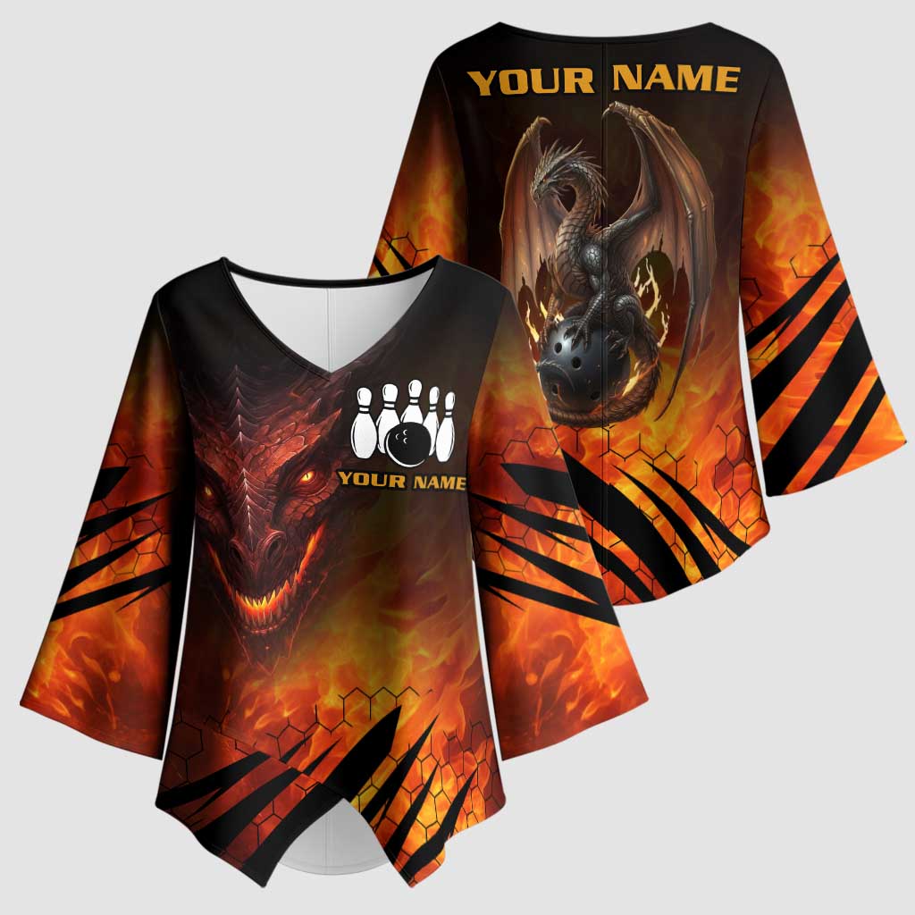 Custom Fiery Dragon Bowling Kimono Sleeve Blouse with Flaming Ball and Hexagon Flame Pattern - Wonder Print Shop