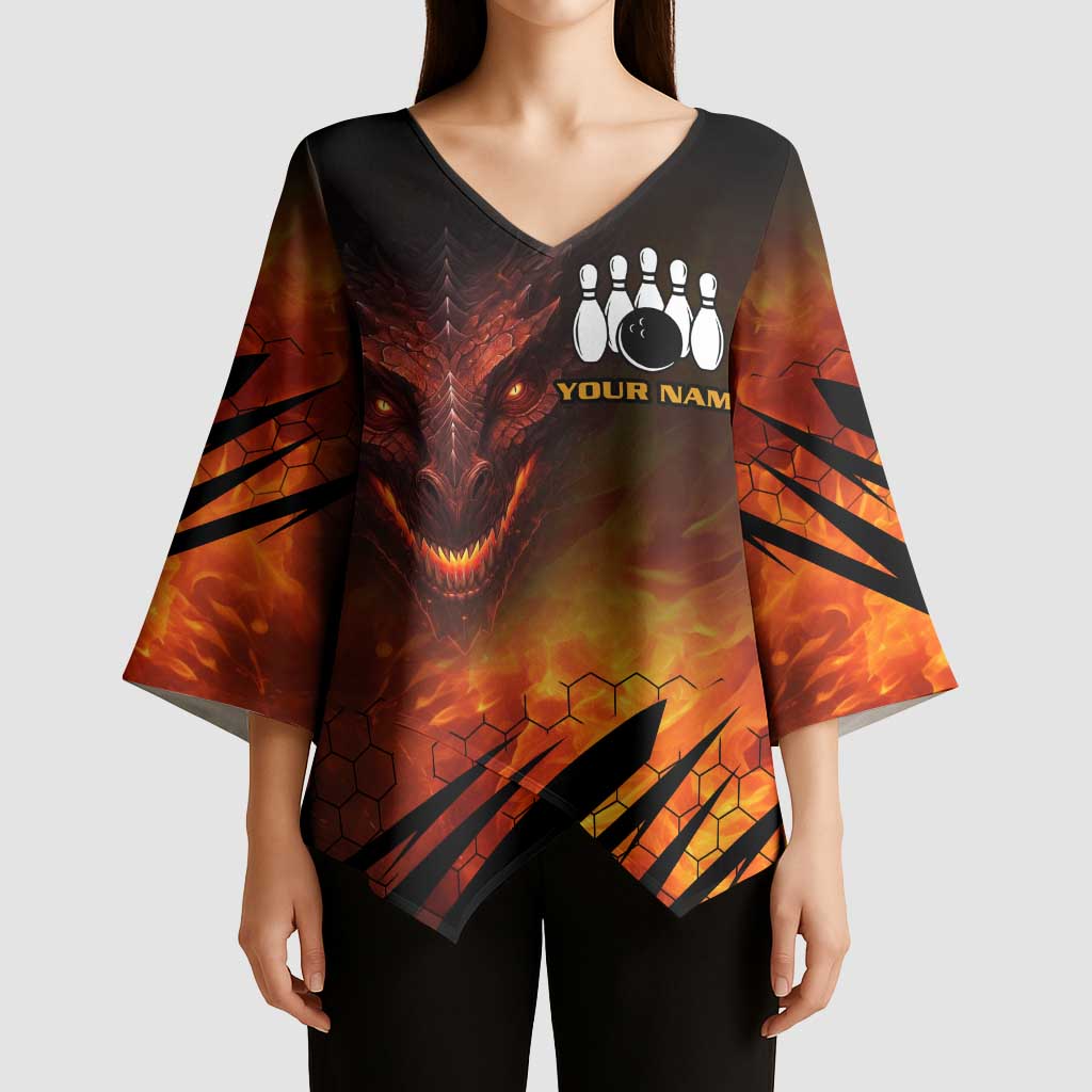 Custom Fiery Dragon Bowling Kimono Sleeve Blouse with Flaming Ball and Hexagon Flame Pattern - Wonder Print Shop