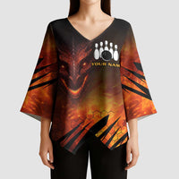 Custom Fiery Dragon Bowling Kimono Sleeve Blouse with Flaming Ball and Hexagon Flame Pattern - Wonder Print Shop