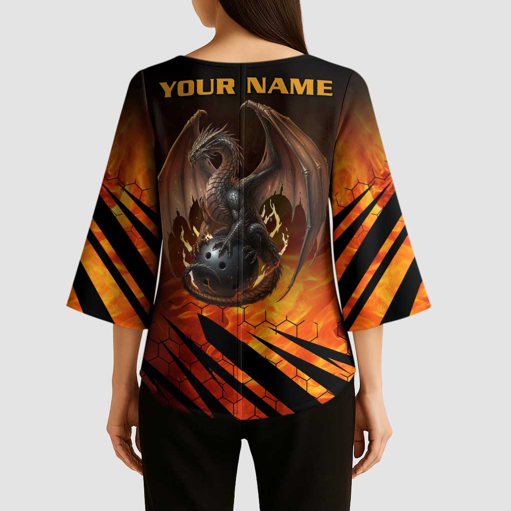 Custom Fiery Dragon Bowling Kimono Sleeve Blouse with Flaming Ball and Hexagon Flame Pattern - Wonder Print Shop