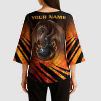 Custom Fiery Dragon Bowling Kimono Sleeve Blouse with Flaming Ball and Hexagon Flame Pattern - Wonder Print Shop