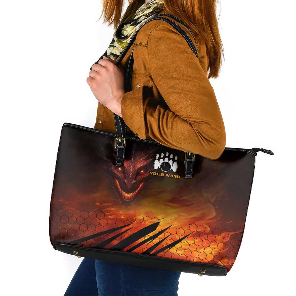 Custom Fiery Dragon Bowling Leather Tote Bag with Flaming Ball and Hexagon Flame Pattern - Wonder Print Shop