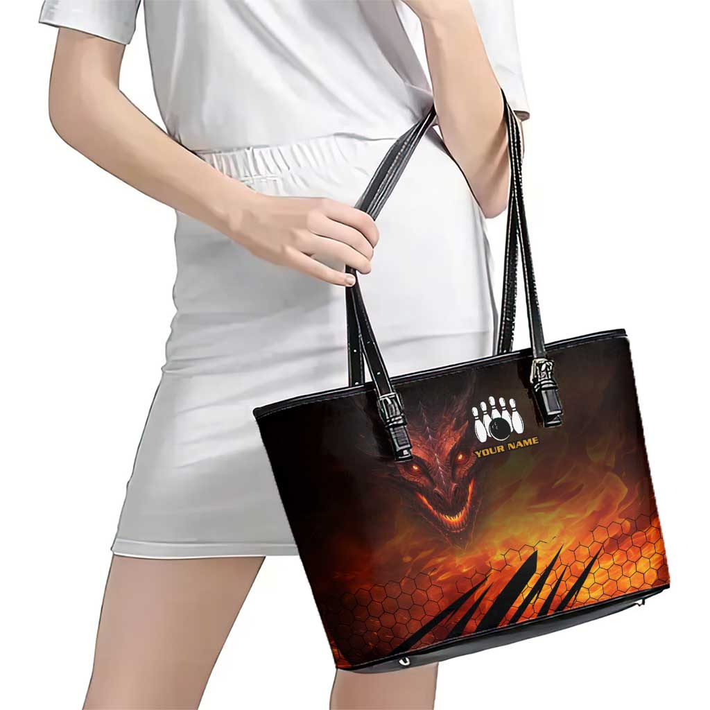 Custom Fiery Dragon Bowling Leather Tote Bag with Flaming Ball and Hexagon Flame Pattern - Wonder Print Shop