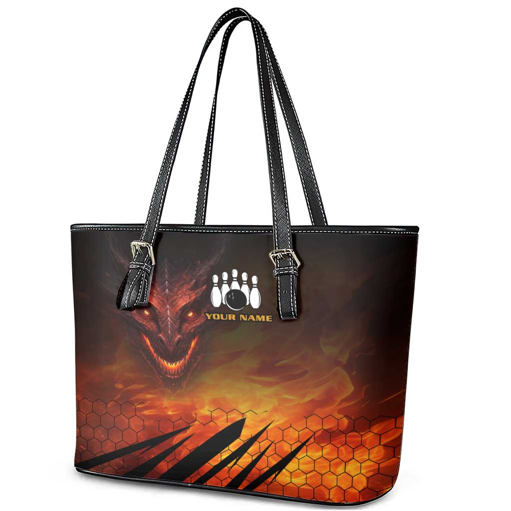 Custom Fiery Dragon Bowling Leather Tote Bag with Flaming Ball and Hexagon Flame Pattern - Wonder Print Shop