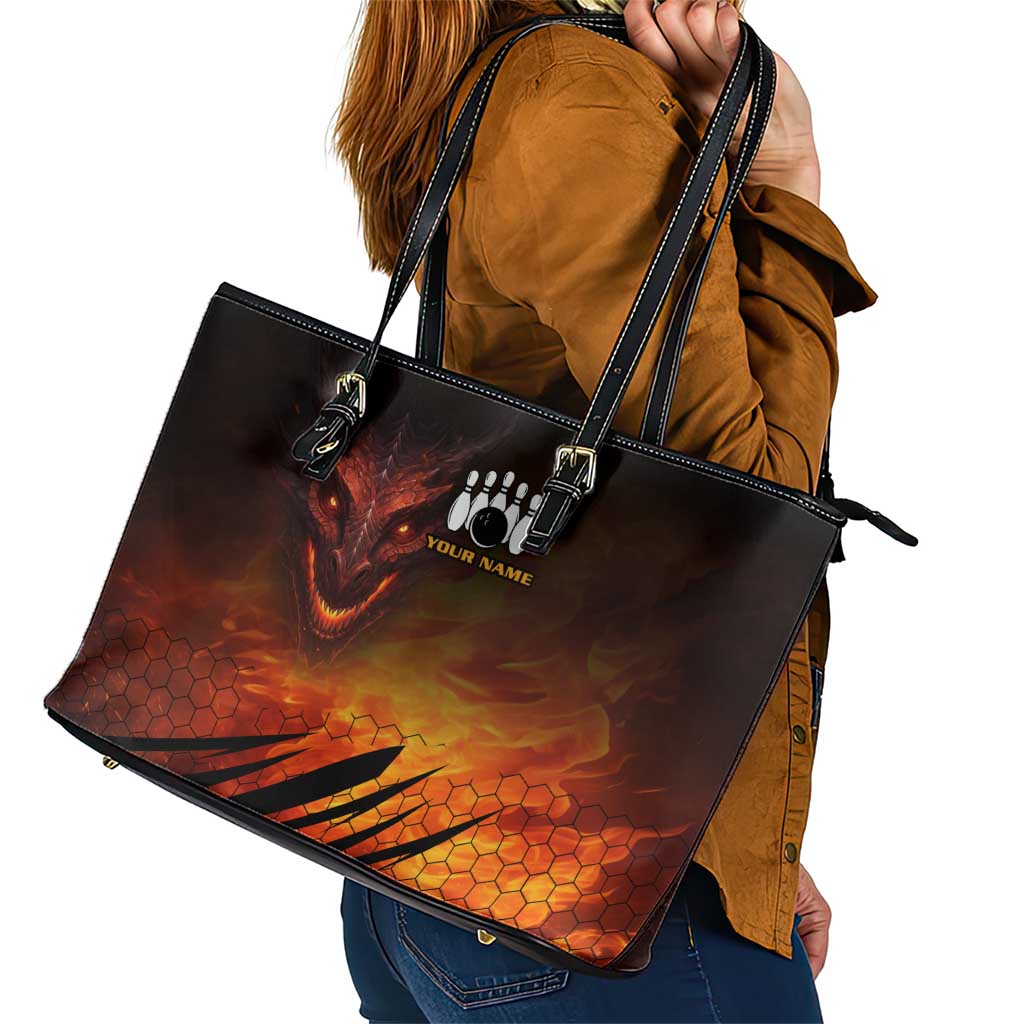 Custom Fiery Dragon Bowling Leather Tote Bag with Flaming Ball and Hexagon Flame Pattern - Wonder Print Shop