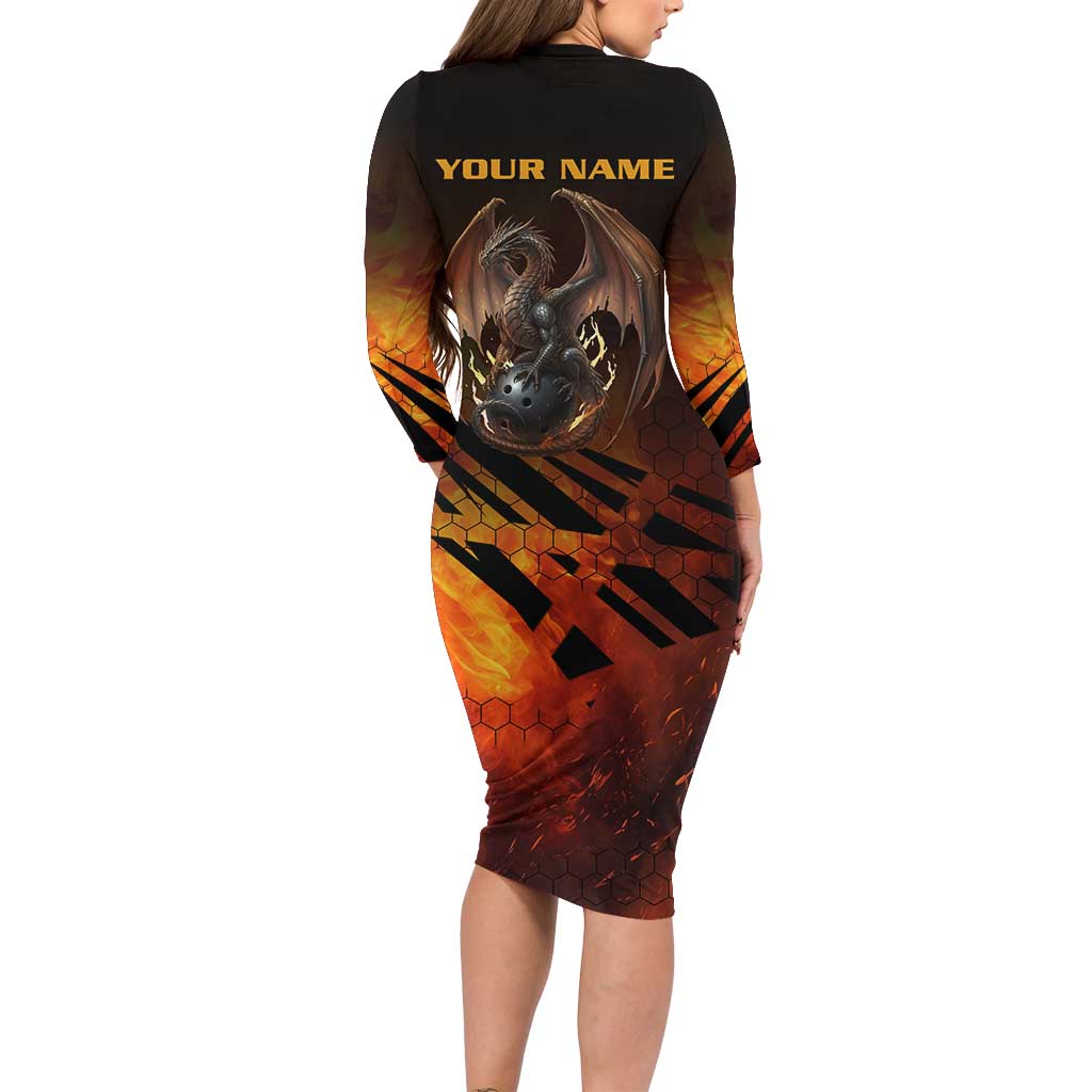 Custom Fiery Dragon Bowling Long Sleeve Bodycon Dress with Flaming Ball and Hexagon Flame Pattern - Wonder Print Shop