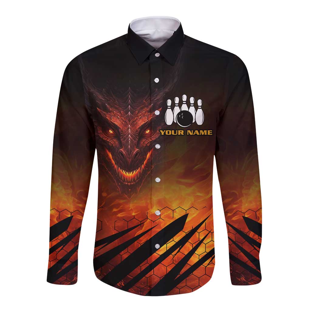 Custom Fiery Dragon Bowling Long Sleeve Button Shirt with Flaming Ball and Hexagon Flame Pattern - Wonder Print Shop