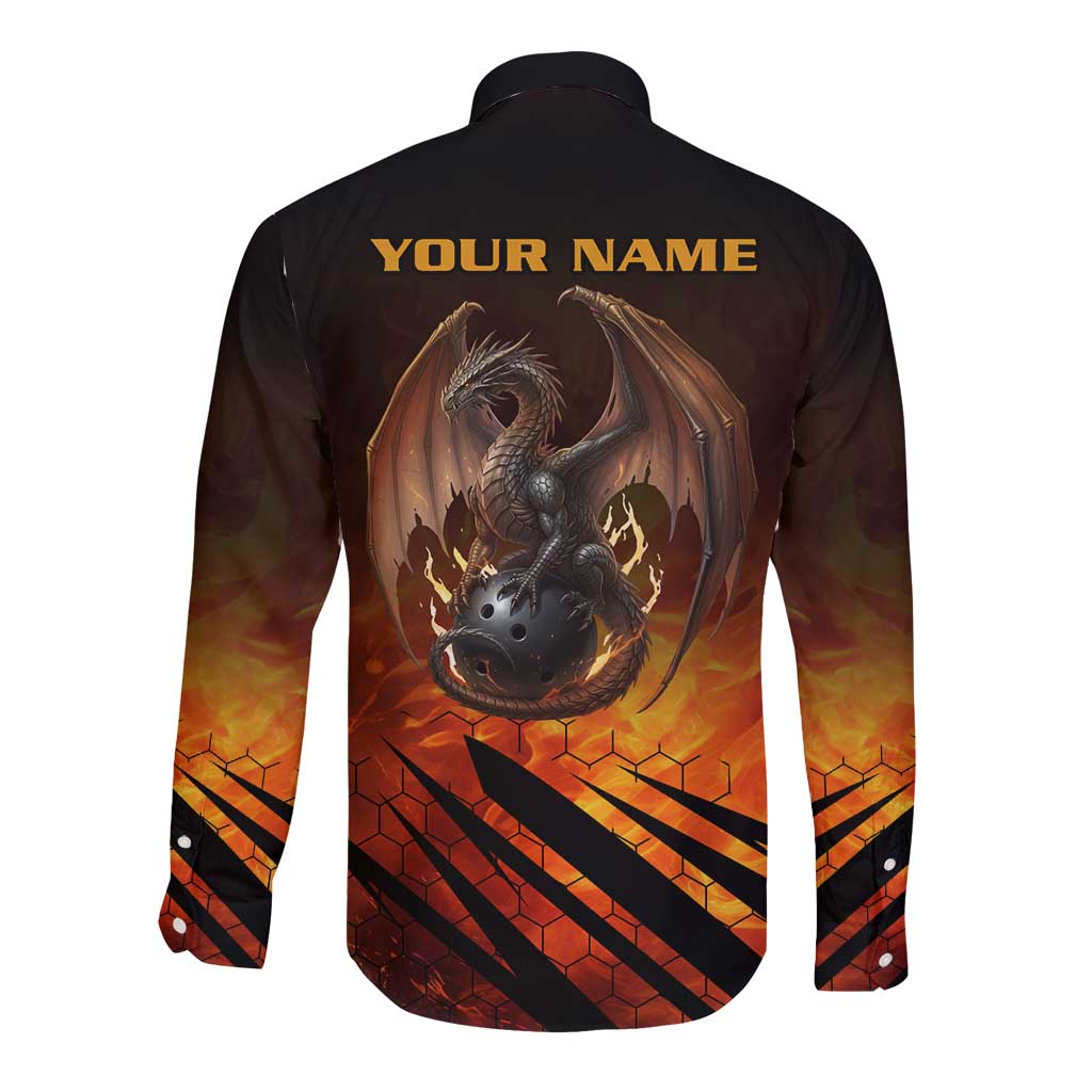 Custom Fiery Dragon Bowling Long Sleeve Button Shirt with Flaming Ball and Hexagon Flame Pattern - Wonder Print Shop