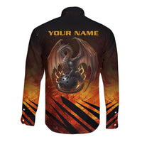 Custom Fiery Dragon Bowling Long Sleeve Button Shirt with Flaming Ball and Hexagon Flame Pattern - Wonder Print Shop