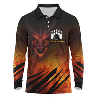 Custom Fiery Dragon Bowling Long Sleeve Polo Shirt with Flaming Ball and Hexagon Flame Pattern - Wonder Print Shop