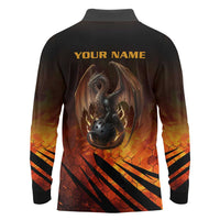 Custom Fiery Dragon Bowling Long Sleeve Polo Shirt with Flaming Ball and Hexagon Flame Pattern - Wonder Print Shop