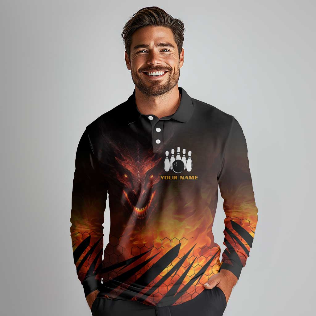 Custom Fiery Dragon Bowling Long Sleeve Polo Shirt with Flaming Ball and Hexagon Flame Pattern - Wonder Print Shop