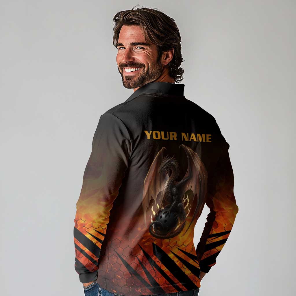 Custom Fiery Dragon Bowling Long Sleeve Polo Shirt with Flaming Ball and Hexagon Flame Pattern - Wonder Print Shop