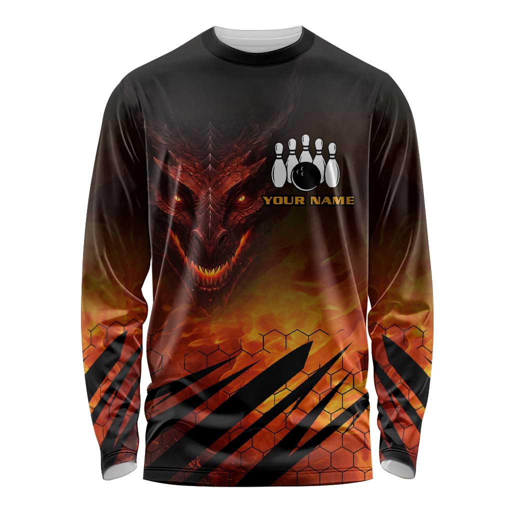 Custom Fiery Dragon Bowling Long Sleeve Shirt with Flaming Ball and Hexagon Flame Pattern - Wonder Print Shop