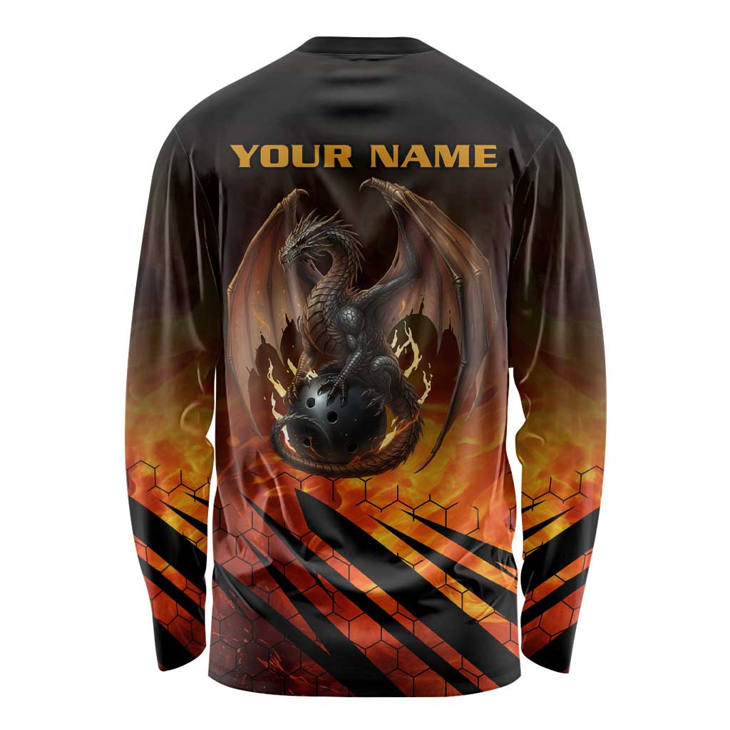 Custom Fiery Dragon Bowling Long Sleeve Shirt with Flaming Ball and Hexagon Flame Pattern - Wonder Print Shop