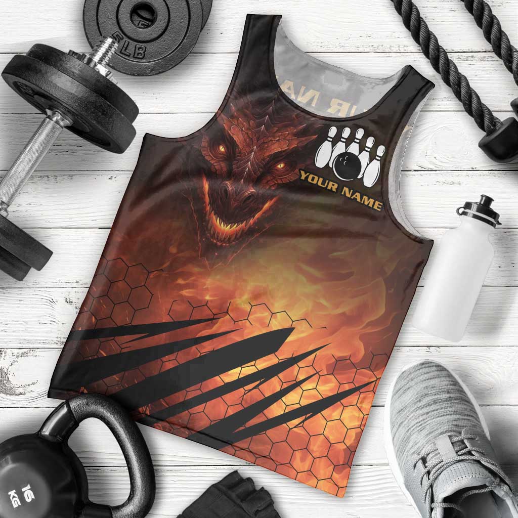 Custom Fiery Dragon Bowling Men Tank Top with Flaming Ball and Hexagon Flame Pattern - Wonder Print Shop