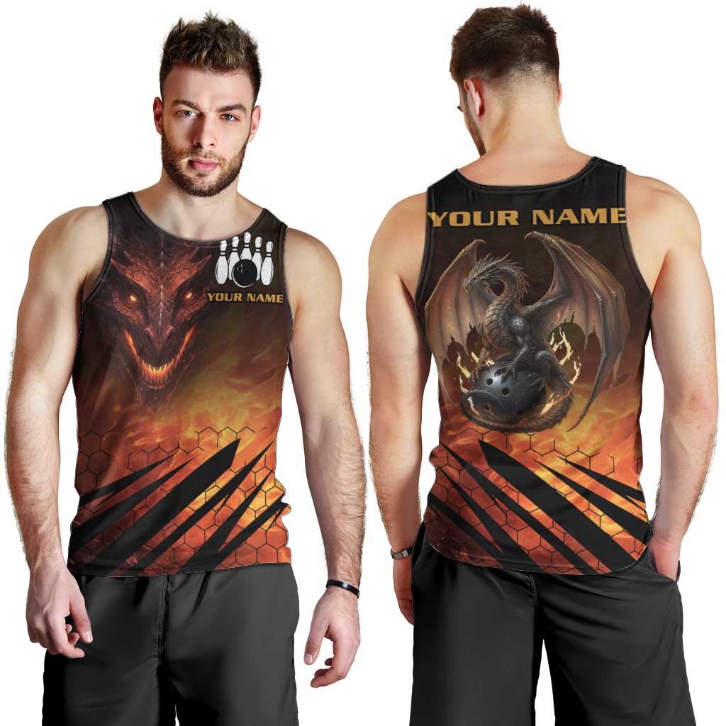 Custom Fiery Dragon Bowling Men Tank Top with Flaming Ball and Hexagon Flame Pattern - Wonder Print Shop