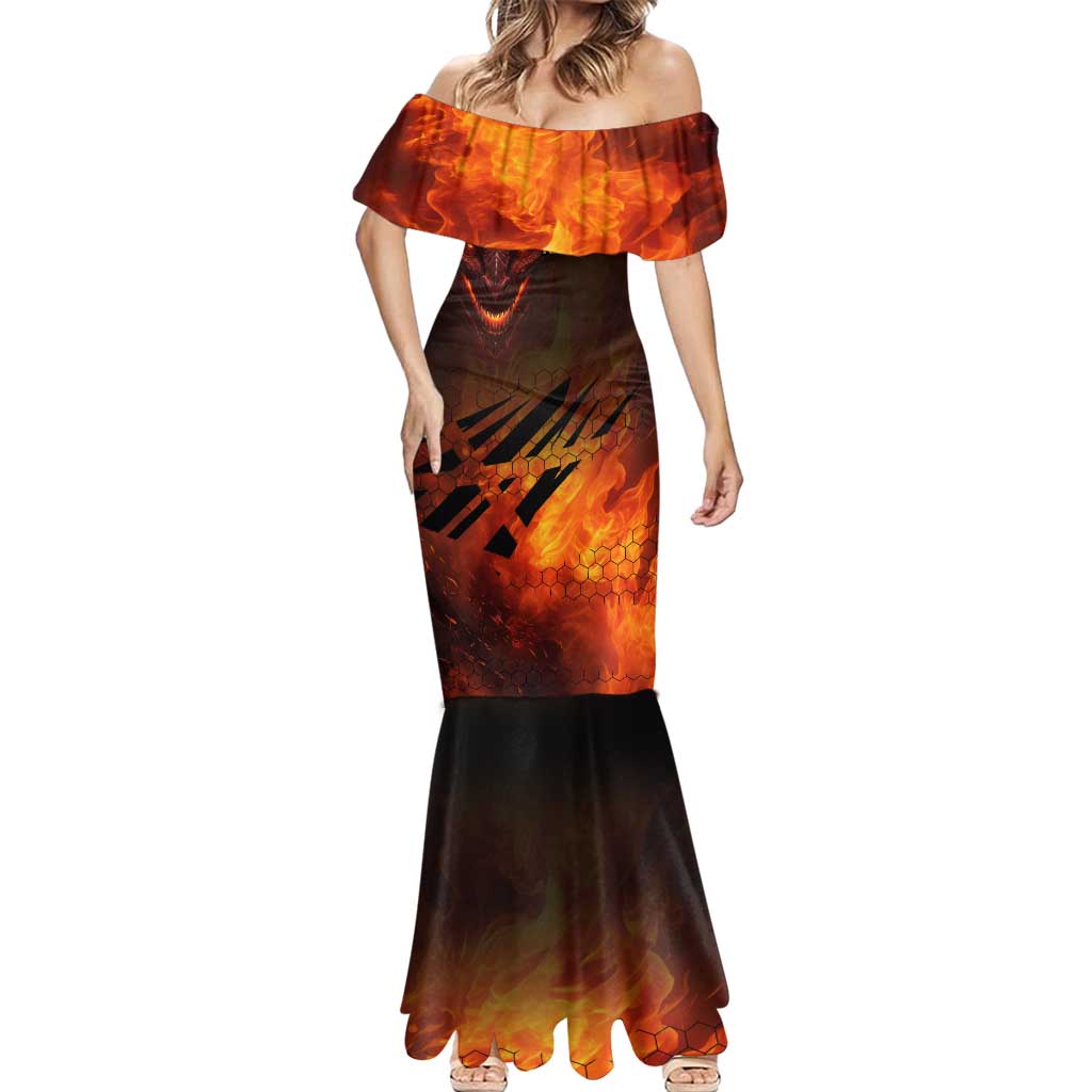 Custom Fiery Dragon Bowling Mermaid Dress with Flaming Ball and Hexagon Flame Pattern - Wonder Print Shop