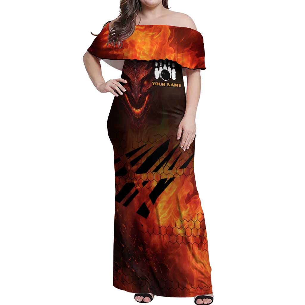 Custom Fiery Dragon Bowling Off Shoulder Maxi Dress with Flaming Ball and Hexagon Flame Pattern - Wonder Print Shop