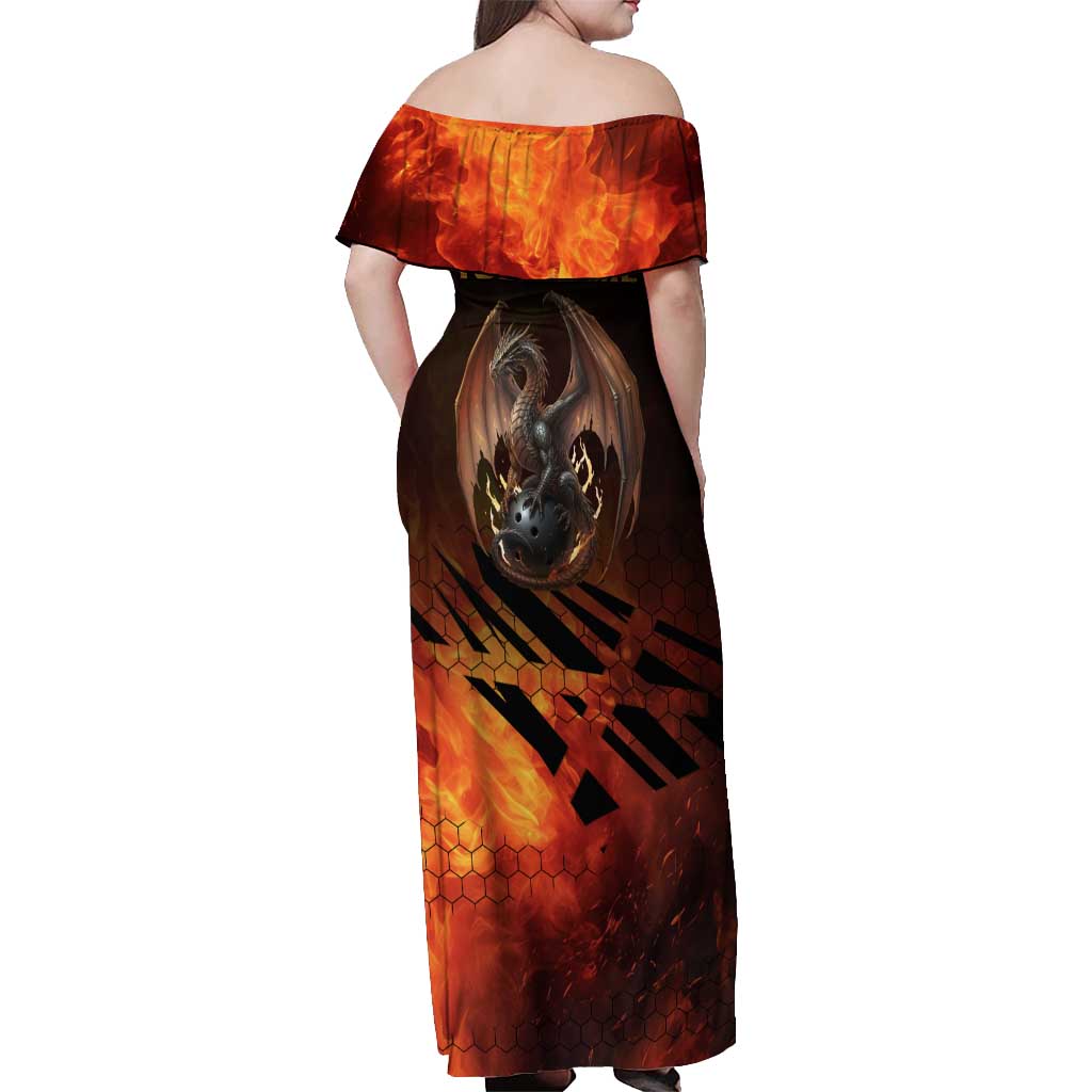 Custom Fiery Dragon Bowling Off Shoulder Maxi Dress with Flaming Ball and Hexagon Flame Pattern - Wonder Print Shop