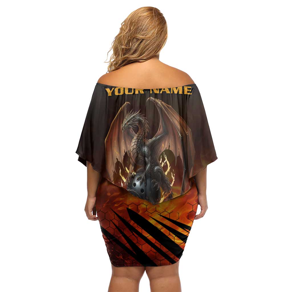 Custom Fiery Dragon Bowling Off Shoulder Short Dress with Flaming Ball and Hexagon Flame Pattern - Wonder Print Shop