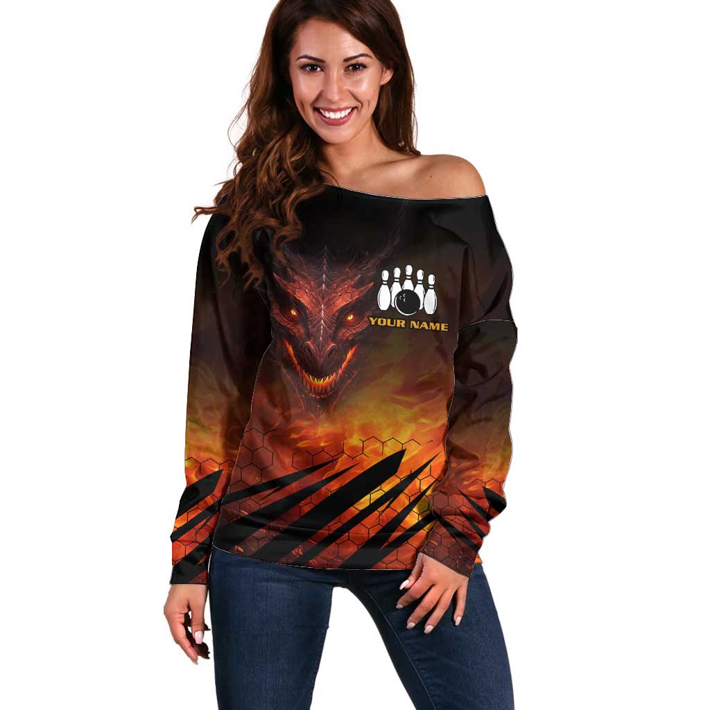 Custom Fiery Dragon Bowling Off Shoulder Sweater with Flaming Ball and Hexagon Flame Pattern - Wonder Print Shop
