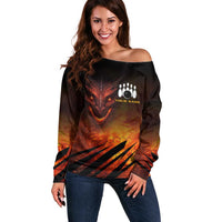 Custom Fiery Dragon Bowling Off Shoulder Sweater with Flaming Ball and Hexagon Flame Pattern - Wonder Print Shop