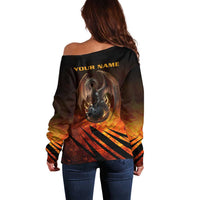 Custom Fiery Dragon Bowling Off Shoulder Sweater with Flaming Ball and Hexagon Flame Pattern - Wonder Print Shop
