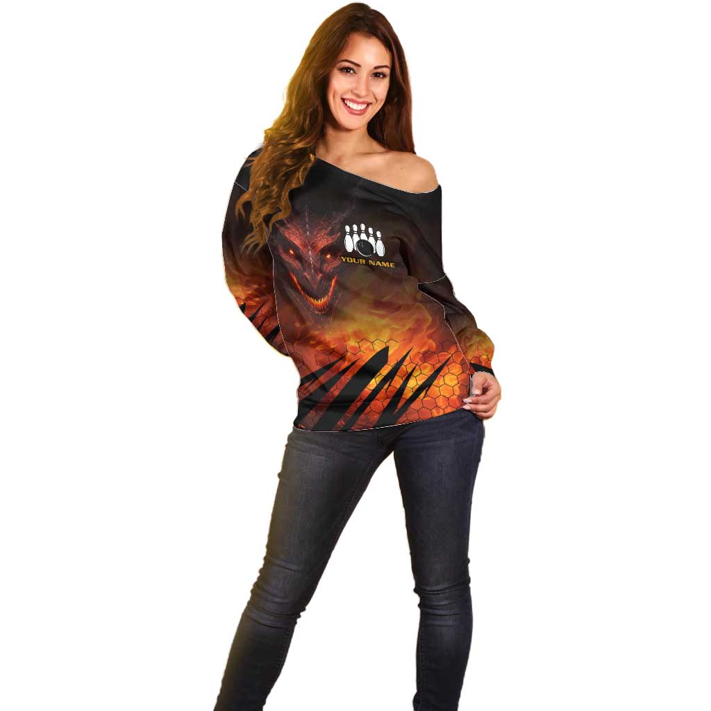 Custom Fiery Dragon Bowling Off Shoulder Sweater with Flaming Ball and Hexagon Flame Pattern - Wonder Print Shop