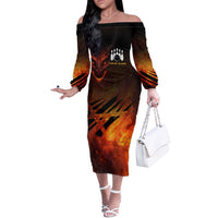 Custom Fiery Dragon Bowling Off The Shoulder Long Sleeve Dress with Flaming Ball and Hexagon Flame Pattern - Wonder Print Shop