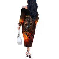 Custom Fiery Dragon Bowling Off The Shoulder Long Sleeve Dress with Flaming Ball and Hexagon Flame Pattern - Wonder Print Shop