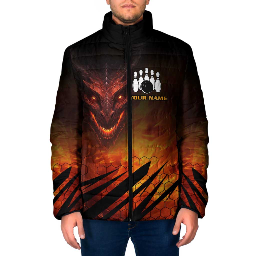 Custom Fiery Dragon Bowling Padded Jacket with Flaming Ball and Hexagon Flame Pattern - Wonder Print Shop