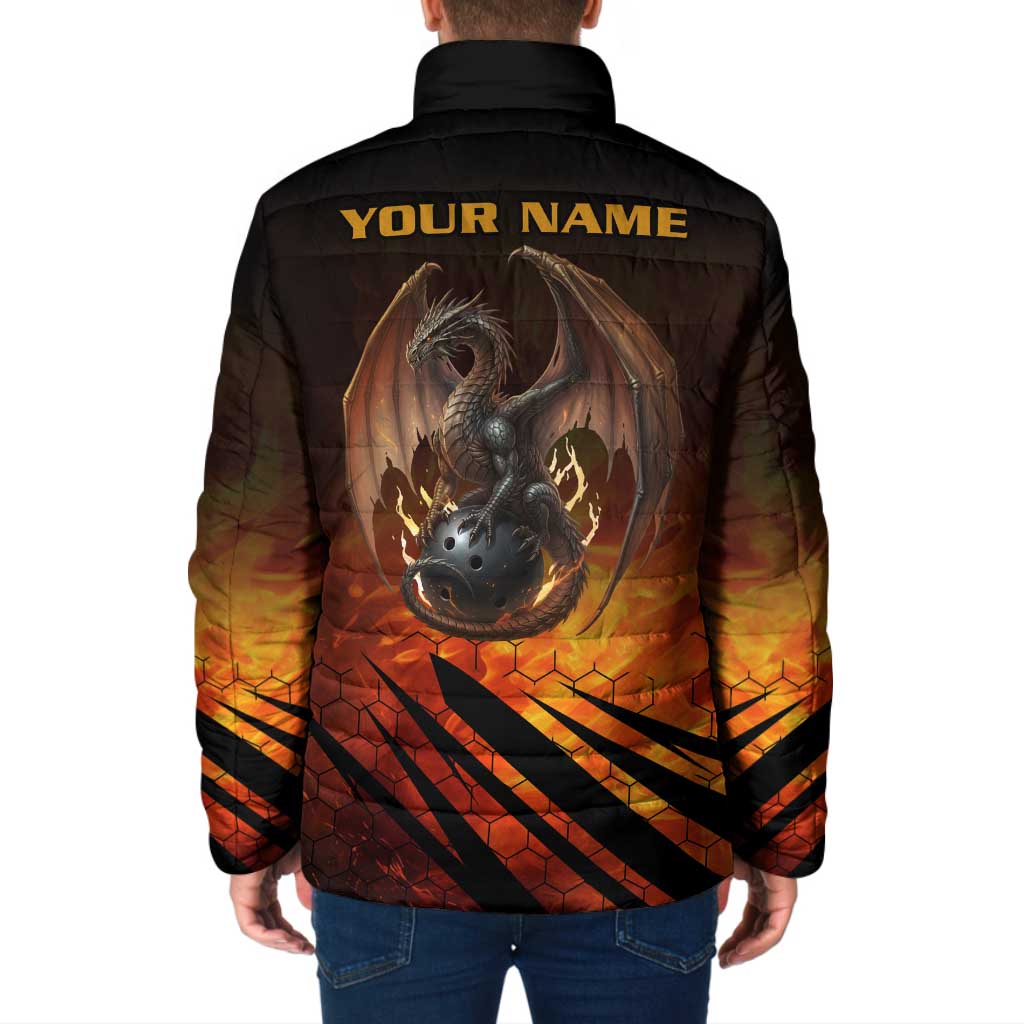Custom Fiery Dragon Bowling Padded Jacket with Flaming Ball and Hexagon Flame Pattern - Wonder Print Shop