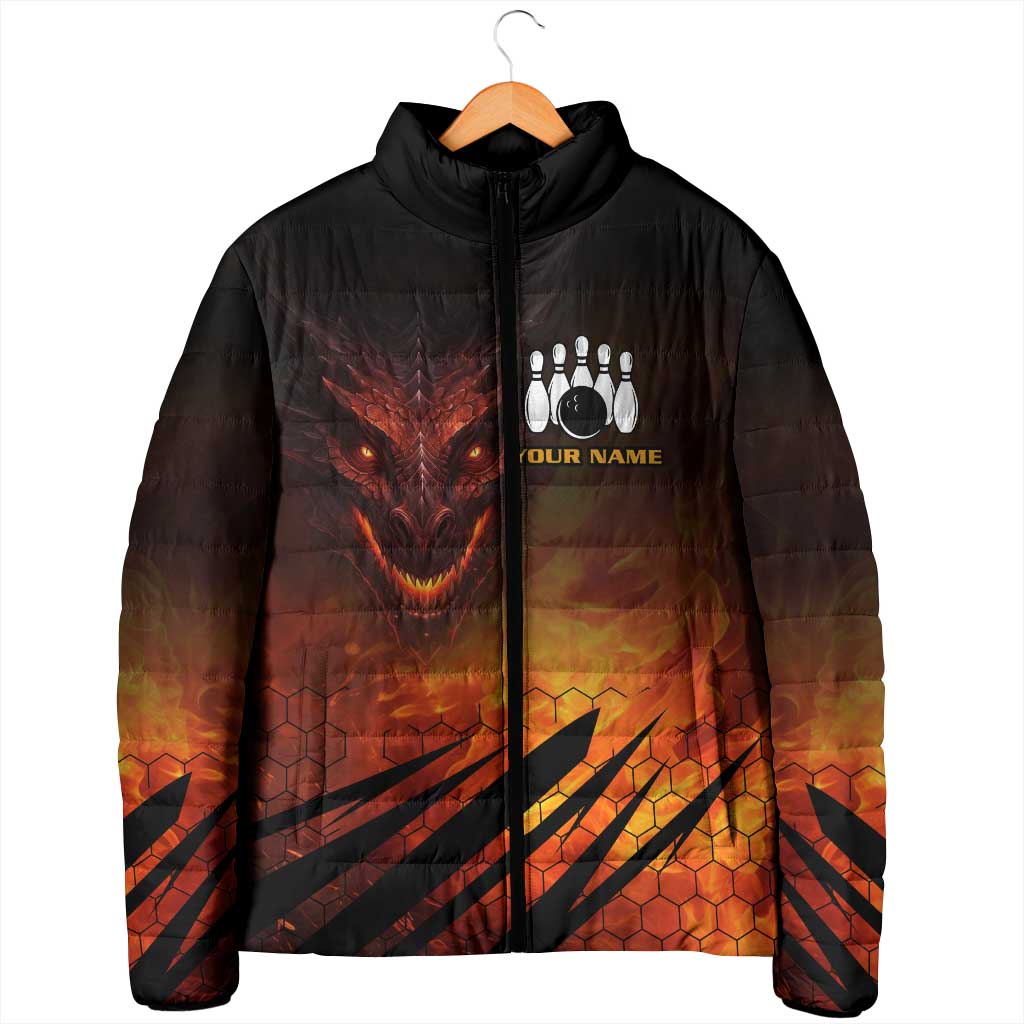 Custom Fiery Dragon Bowling Padded Jacket with Flaming Ball and Hexagon Flame Pattern - Wonder Print Shop