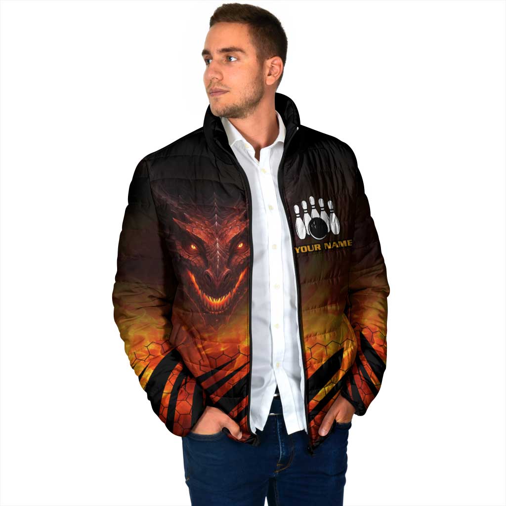 Custom Fiery Dragon Bowling Padded Jacket with Flaming Ball and Hexagon Flame Pattern - Wonder Print Shop