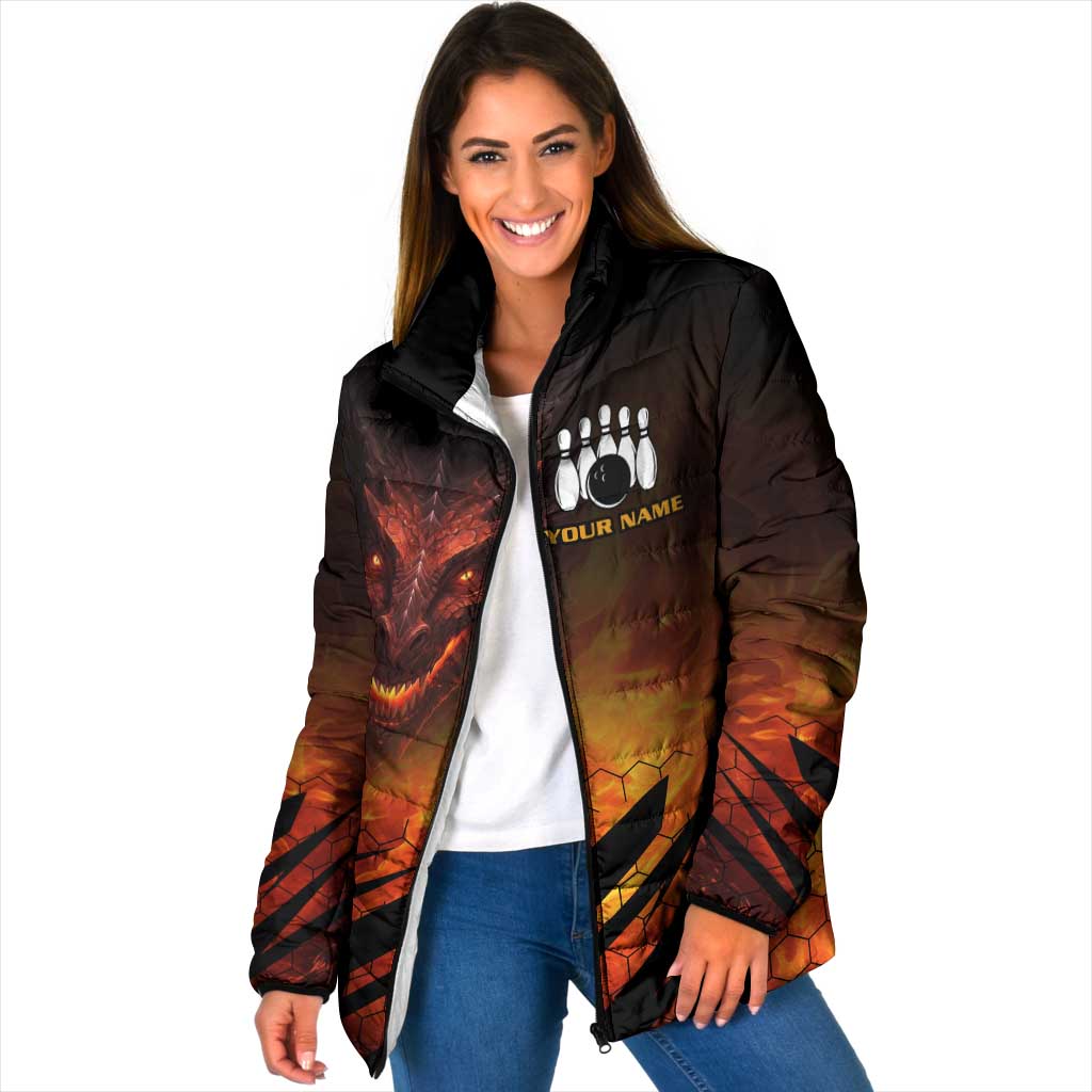 Custom Fiery Dragon Bowling Padded Jacket with Flaming Ball and Hexagon Flame Pattern - Wonder Print Shop