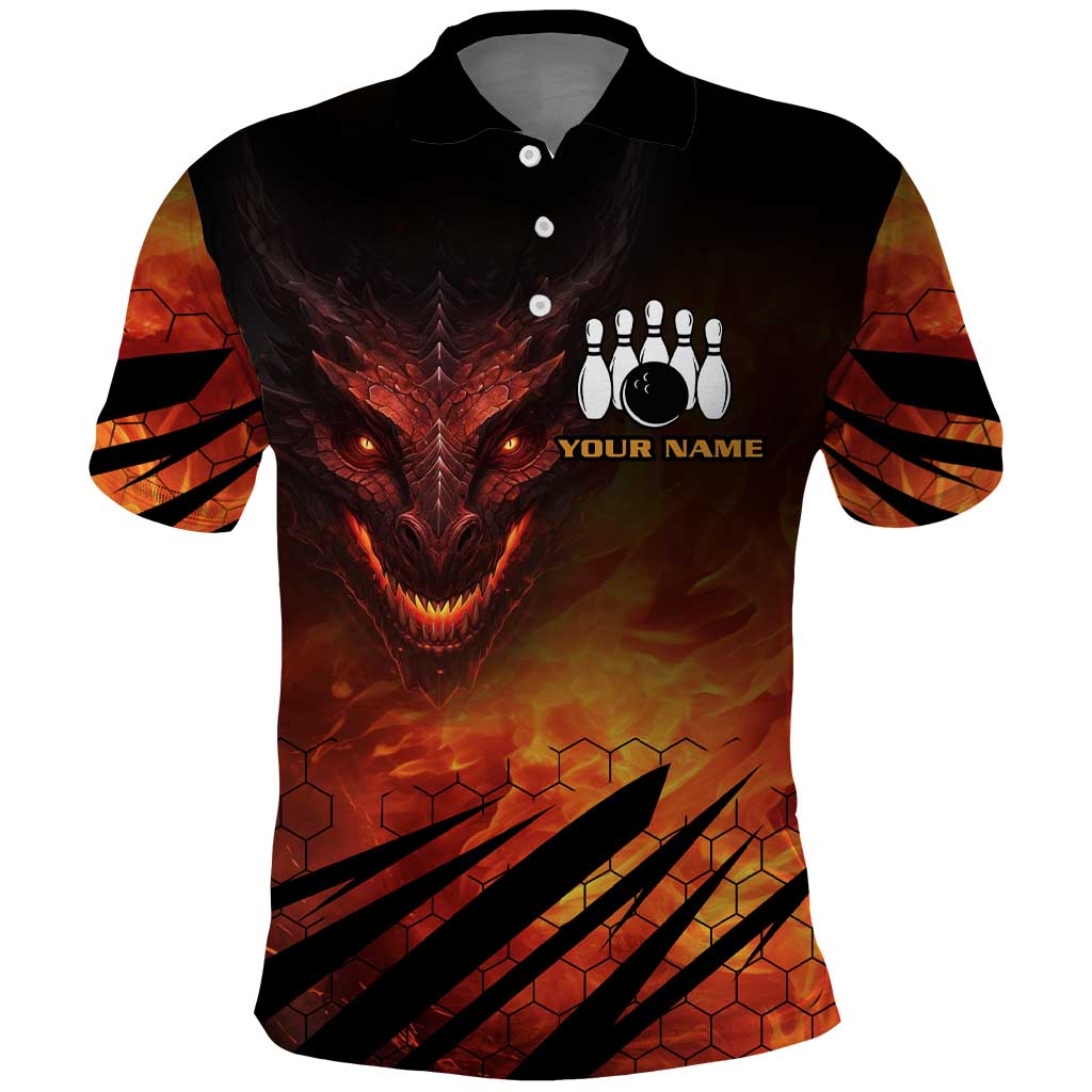 Custom Fiery Dragon Bowling Polo Shirt with Flaming Ball and Hexagon Flame Pattern - Wonder Print Shop