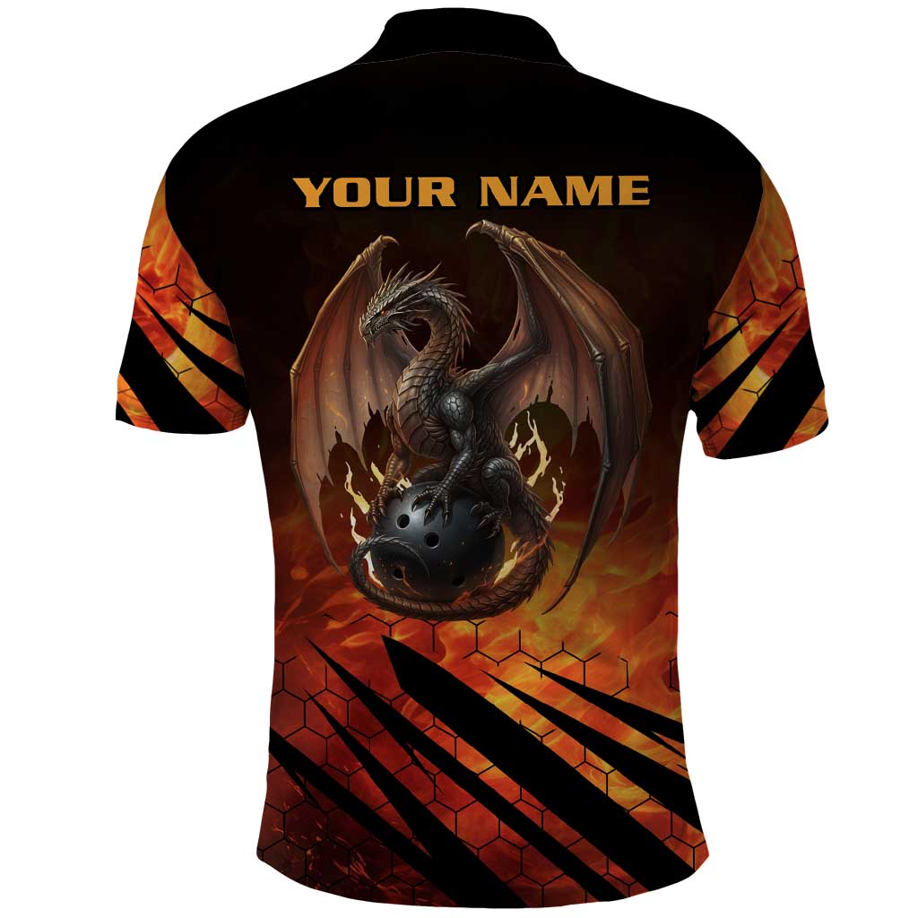 Custom Fiery Dragon Bowling Polo Shirt with Flaming Ball and Hexagon Flame Pattern - Wonder Print Shop