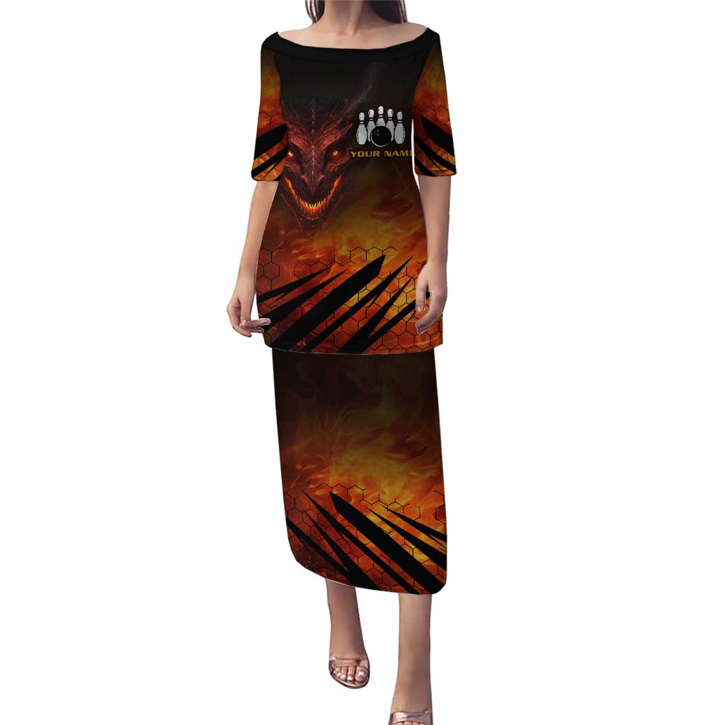 Custom Fiery Dragon Bowling Puletasi with Flaming Ball and Hexagon Flame Pattern - Wonder Print Shop