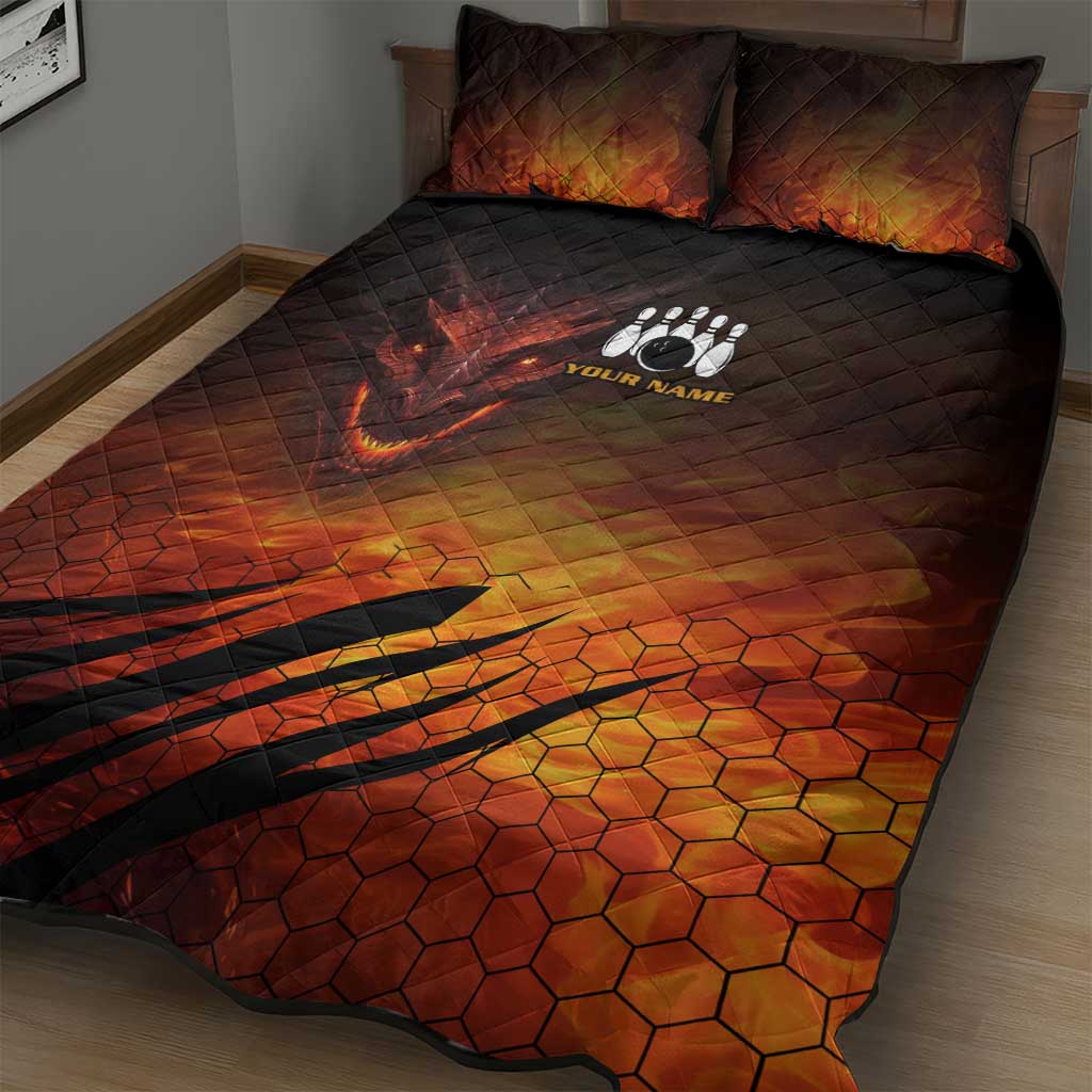 Custom Fiery Dragon Bowling Quilt Bed Set with Flaming Ball and Hexagon Flame Pattern - Wonder Print Shop